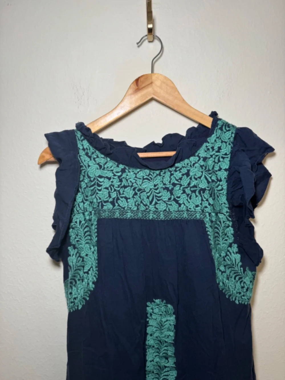 J. Marie Embroidered Ruffle Sleeve Dress Medium Navy Blue Boho Linen Blend